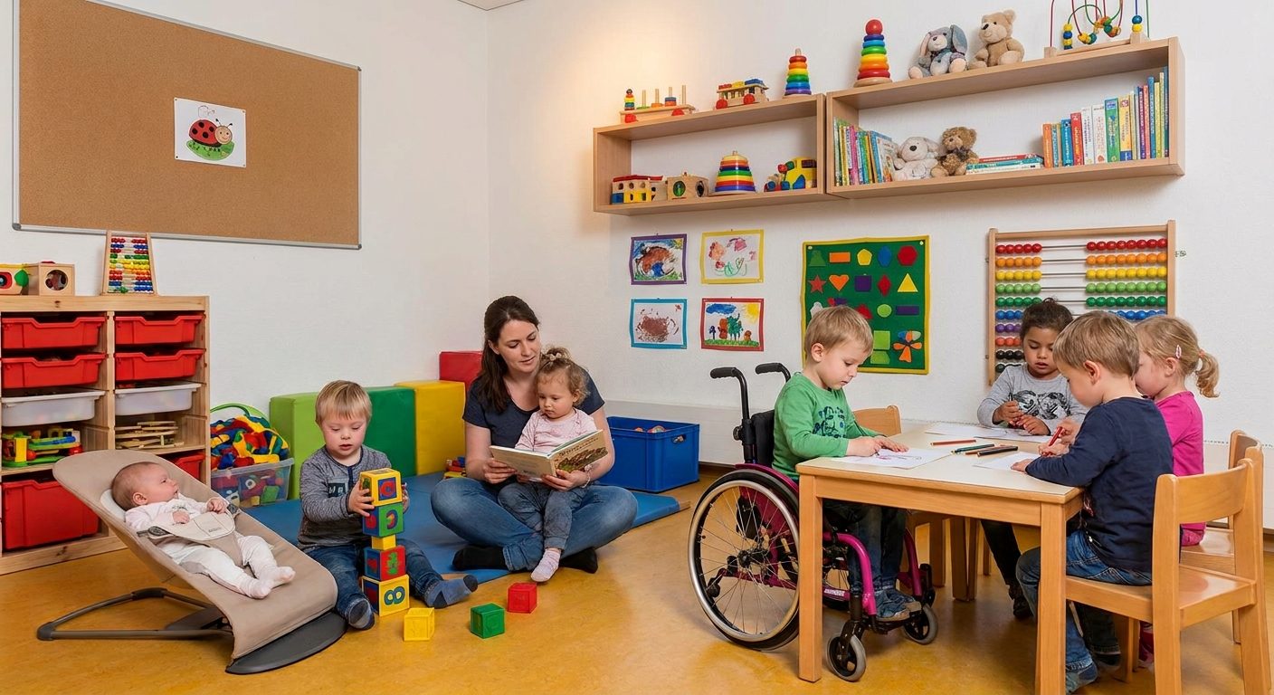 KiTa-Gruppenraum: eine Betreuerin liest einem Kleinkind vor, ein Säugling liegt in der Wippe, ein Junge baut einen Bauklotzturm, ein Kind im Rollstuhl malt mit vier weiteren Kindern am Tisch.